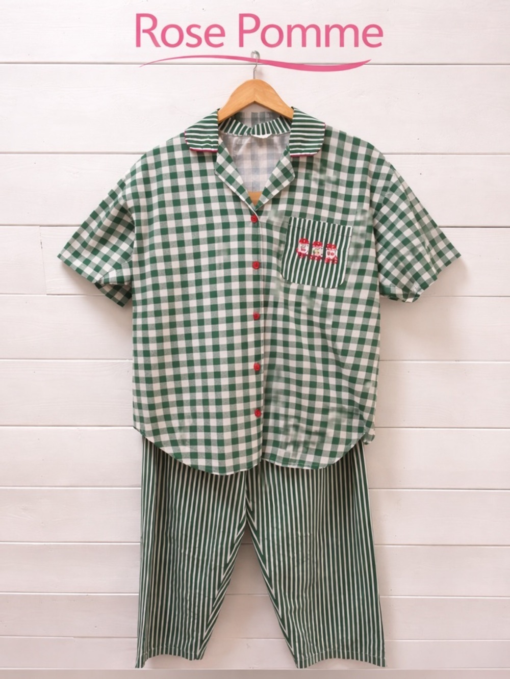 ROSE POMME Green Gingham Vintage Pajama Set Red Buttons Estimated Size L